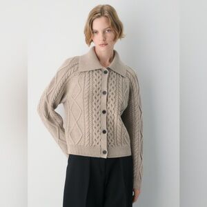 Aritzia Heritage Merino Wool Heather Nomad Taupe Cable Knit Collar Cardigan